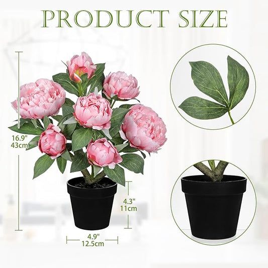 Hollyone Pink Fake Peonies Artificial Flowers in Pot 16.9" Small Peonies Tree Indoor Outdoor Faux Plants & Flowers Peony Silk Flowers Potted Plant Artificial Peony Floral Arrangement Desk Home Decor