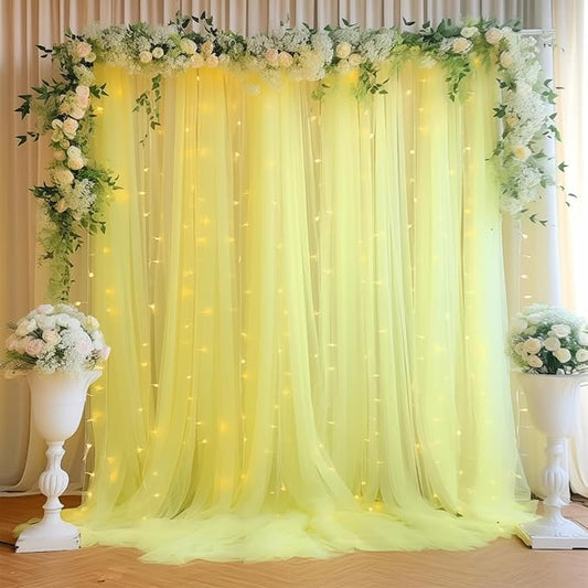 20ft x 10ft Yellow Backdrop Curtain with Lights String for Parties, Sheer Tulle Wedding Photo Backdrops Drapes for Baby Shower Birthday Party Decorations Background for Photography