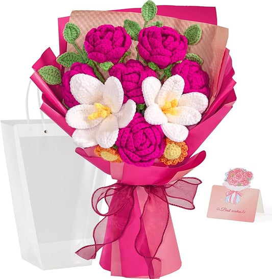 Alecono Crochet Flower Bouquet, Hot Pink Knitted Flowers, Crochet Tulip Rose Flower for Lover Anniversary Birthday Party Mother's Day Graduation Gifts (Include Card)