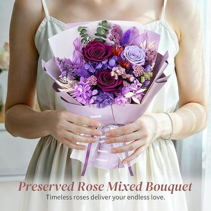 Lewondr Flower for Delivery, Preserved Flowers Bouquet, Purple Roses Bouquet, Real Long-Lasting Forever Birthday Flowers Gifts for Mom Grandma Women Mothers Day Anniversary Christmas, Purple
