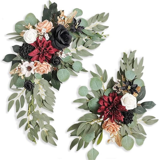Red Black Wedding Arch Flowers, Faux Flower Swag Set of 2, Red Floral Swag for Wedding Arch Welcome Signs, Reception Ceremony Signs Decor