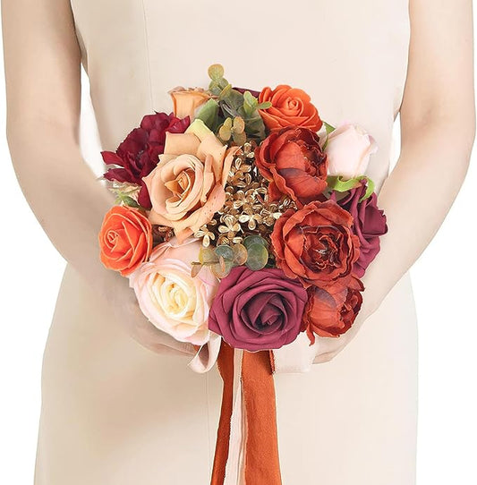 Rinlong 1Pc Fall Wedding Bouquets for Bridesmaids Bride Burnt Orange Terracotta Bridesmaid Bridal Bouquet for Wedding Prom
