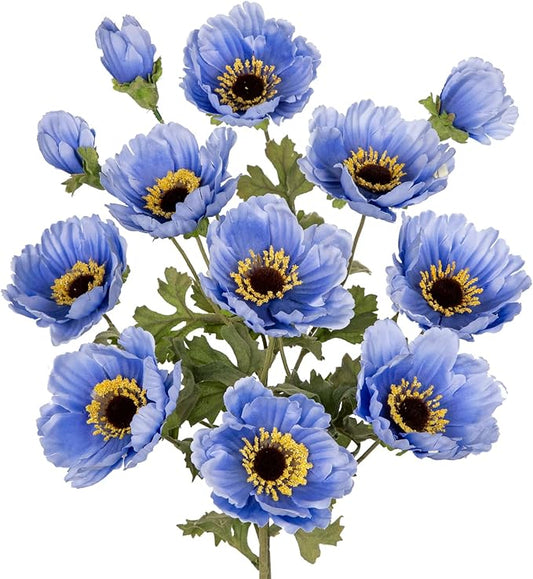 28.3" Blue Artificial Flowers Poppy Flowers 3Pcs Silk Fake Poppy Flowers Real Touch Faux Poppies Spring Flower Long Stem Arrangement with 4 Heads for Party Centerpiece Bouquet Table Home Decoration