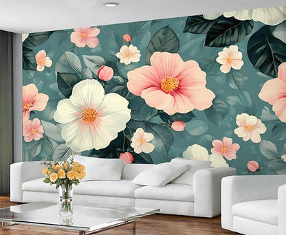 Vintage Hibiscus Flower Wall Mural, Romantic Floral 3D Wall Murals, Botanical Bloom Design Wallpaper Mural, for Living Room Bedroom Large Wallpaper Indoor Decor 137.8" W x100 H