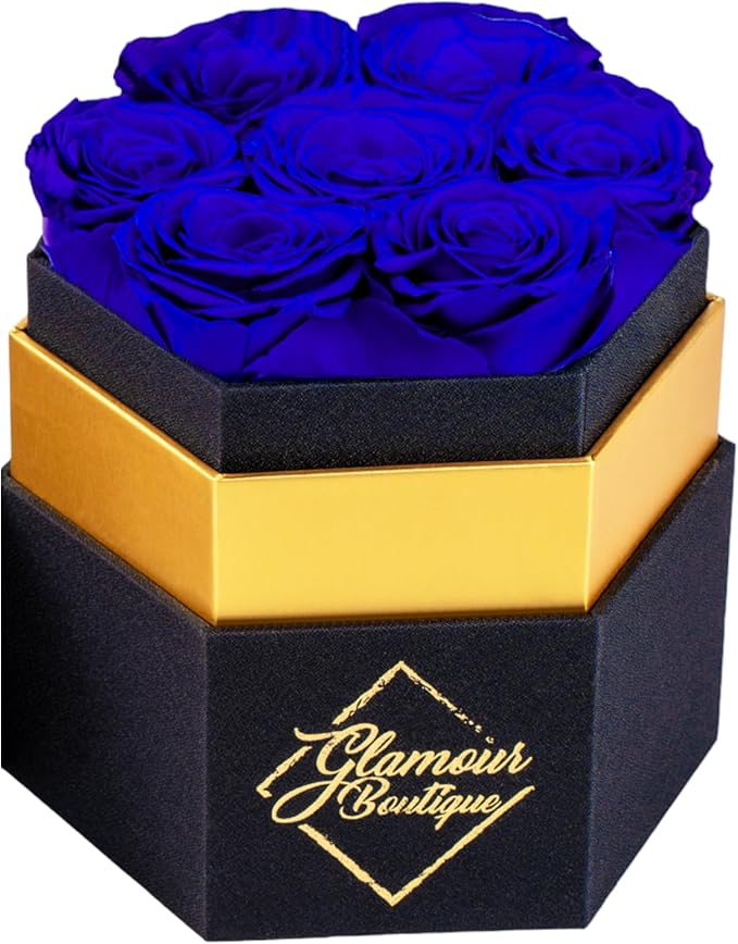 GLAMOUR BOUTIQUE Eternal Preserved Roses in a Box - Flowers Forever, Rose Forever in a Box for Wife, Birthday Gifts for Her, 7 Roses, Blue