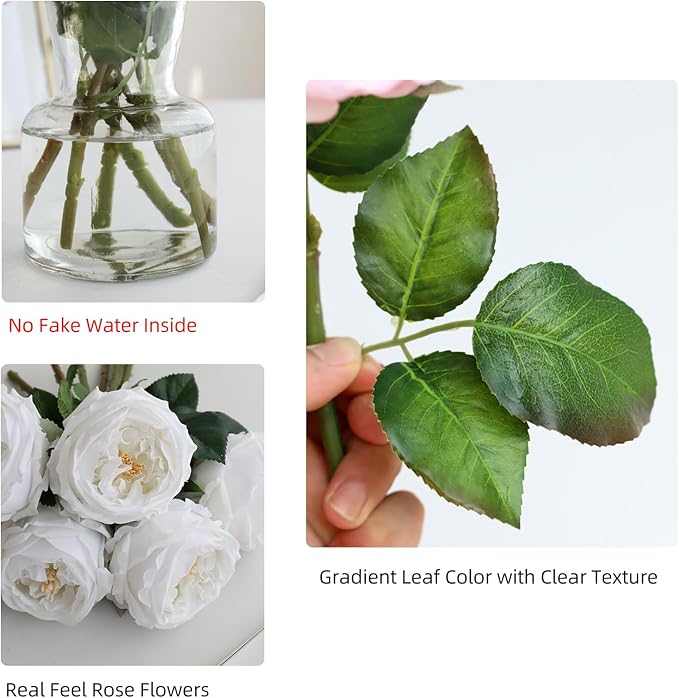 6Pcs Fake Austin Rose Peonies Flowers with Vase, Clear Glass Vase with White Real Touch Peonies Artificial Flowers Home Decor(White)