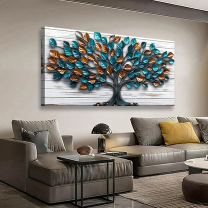 Tree Nature Wall Art Bedroom Abstract Wall Decor Living Room,Tree of Life Canvas Wall Art Office Farmhouse Paintings Artwork Modern Teal Golden Leaves Wall Art Prints Pictures 20 * 40inch