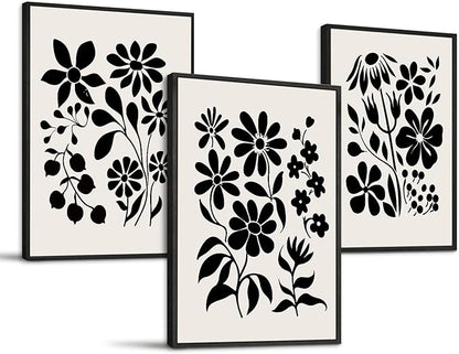 SERIMINO Black and White Wall Art Framed Bedroom Decor Aesthetic, Botanical Floral Canvas Wall Art for Living Room Boho, Set of 3 Flower Market Prints Farmhouse Wall Decor,20 x28 inch
