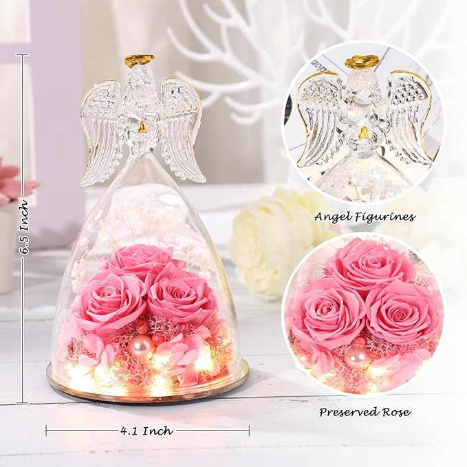Birthday Gifts for Her, Glass Angel Figurine with Three Rose Gifts, Preserved Forever Real Rose Gifts for Women, Angel Guardian with Rose, Gifts for Valentine Mothers Day