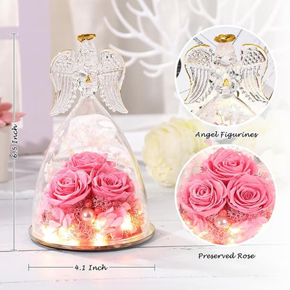 Birthday Gifts for Her, Glass Angel Figurine with Three Rose Gifts, Preserved Forever Real Rose Gifts for Women, Angel Guardian with Rose, Gifts for Valentine Mothers Day