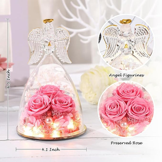 Birthday Gifts for Her, Glass Angel Figurine with Three Rose Gifts, Preserved Forever Real Rose Gifts for Women, Angel Guardian with Rose, Gifts for Valentine Mothers Day