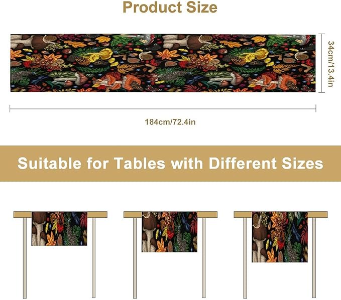 Nature Mushroom Table Runner,Retro Boho Floral Botanical Plant Forest Pattern Print Tablecloth Burlap for Hotel Indoors Outdoor Dining Room Kitchen Holiday Party, 13x80in