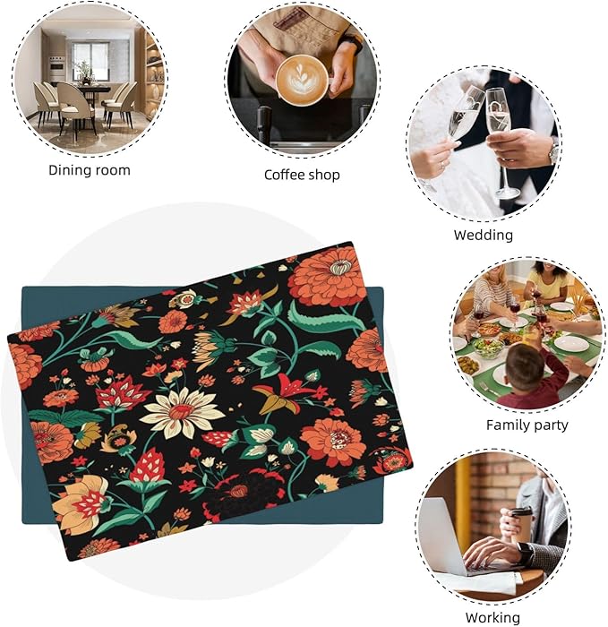 Boho Mandala Flower Placemats, Abstract Nature Hippy Orange Nature Flower Art Print Washable Fabric Placemats Table Kitchen Dining Party 12x18 Inch Set of 4