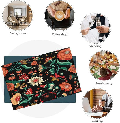 Boho Mandala Flower Placemats, Abstract Nature Hippy Orange Nature Flower Art Print Washable Fabric Placemats Table Kitchen Dining Party 12x18 Inch Set of 6