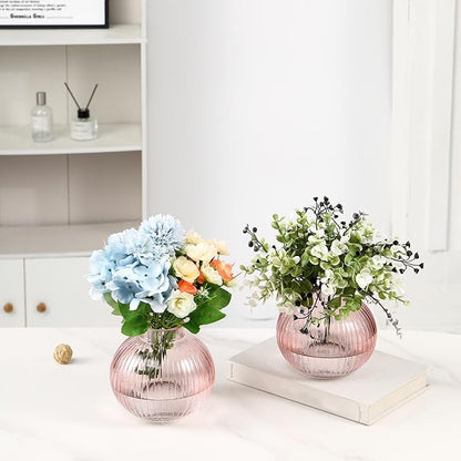 Round Glass Vases, Set of 2 Small Vases for Flowers, Pink Glass Vase for Tulips, Modern Vase for Living Room, Office, Coffee Table, Shelf, Wedding, 5 Inches