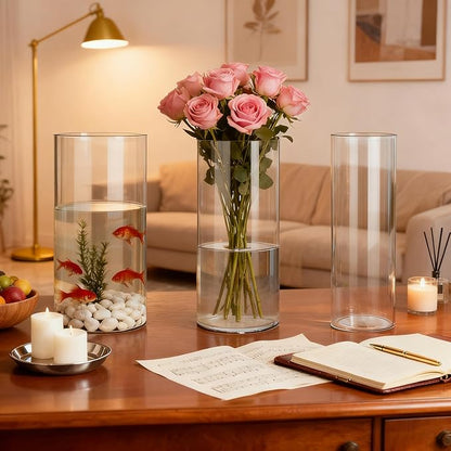 3 Pack Acrylic Cylinder Vases, Non-breakable Vase for Centerpieces, 10 inch Tall Clear Flower Vase Bulk Floating Candle Holder for Wedding Table Home Decor and Party