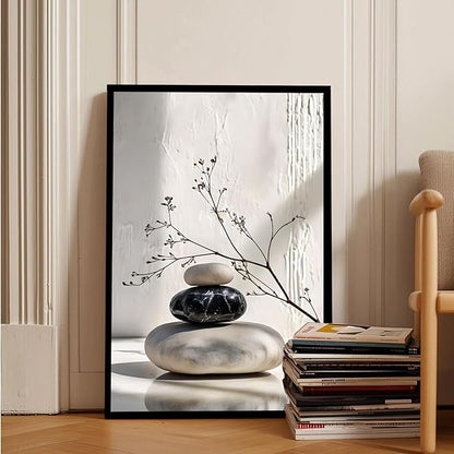Gray and black stone pile and dried flowers poster canvas wall art in harmony Minimalist wall art for tranquil homes and mindful spaces 16x24in Metal blackFramed