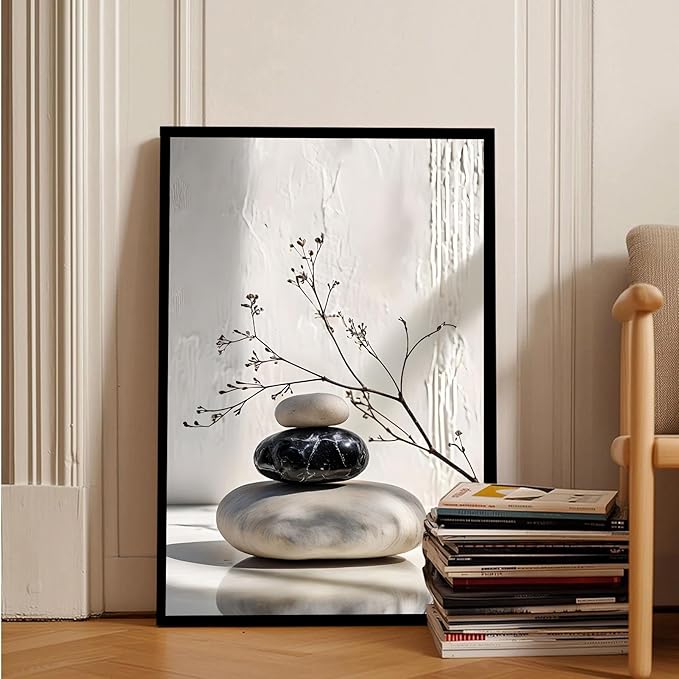 Gray and black stone pile and dried flowers poster canvas wall art in harmony Minimalist wall art for tranquil homes and mindful spaces 20x30in Metal blackFramed