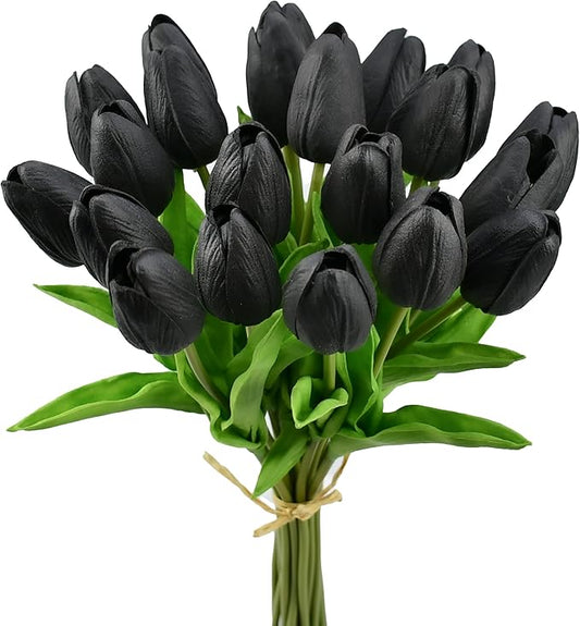 Mandy's Artificial Tulips 20 Stems Black PU Faux Flowers for Thanksgiving and Christmas Decorations Wedding Home Decor 13.5 Inch