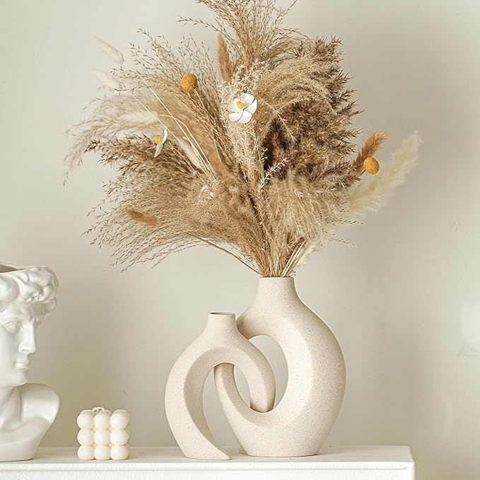 Snuggle Hollow Ceramic Vase Set of 2, Nordic Modern Boho ins Style Decorative Ceramic Aesthetic Flower Vase for Home Decor (Milky White W 6.3" X H 8.4")