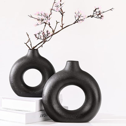 Black Vase Decor Donut Vase Set of 2 - Circle Hollow Vases, Modern Matte Ceramic Vases for Entryway Living Room Bedroom Dining Table Centerpiece Office Home Decor