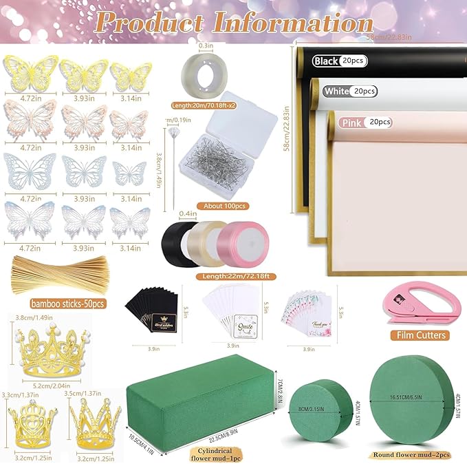 Majreey Floral Wrapping Paper Kit, 60Sheet Waterproof Floral Paper, 3Rolls Ribbon for Flower Bouquet, 2Rolls Transparent Tape,100Pcs Flower Pins, 48Pcs 3D Butterflies, 9Pcs Crowns 3 Floral Foam Blocks