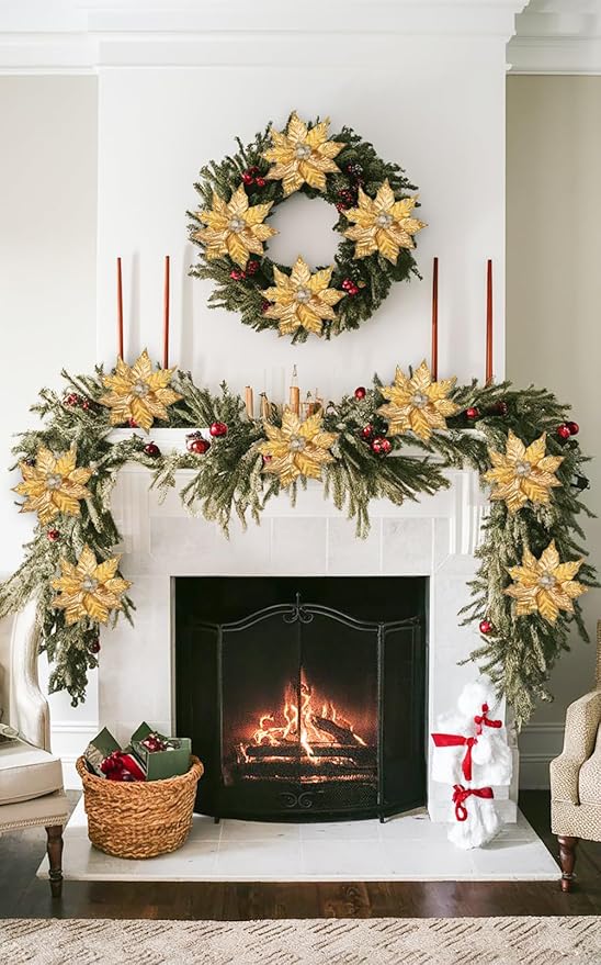 Hollyone 3PCS Poinsettia Christmas Flowers Artificial 11" Large Gold Glitter Poinsettia Flowers Christmas Tree Ornaments Floral Picks for Tree Wreath Garland Vase Table Centerpiece Home Decor