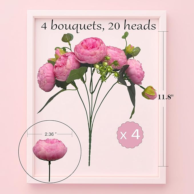 Artificial Peony Flowers, 4Pcs Silk Peonies Fake Peony Bouquets for Home Wedding Office Party Decor (Pink)