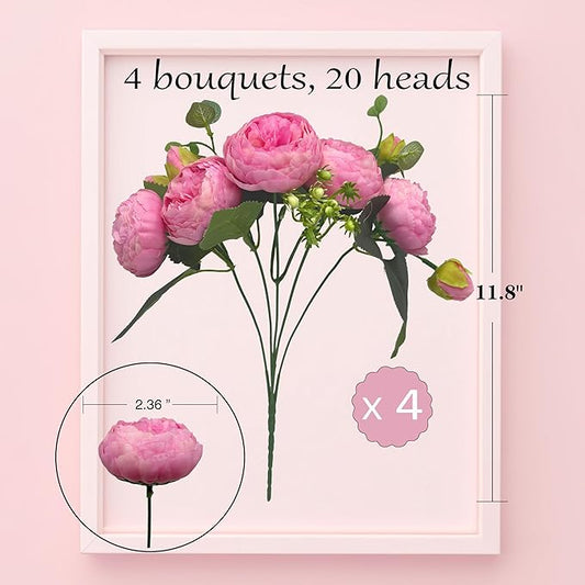 Artificial Peony Flowers, 4Pcs Silk Peonies Fake Peony Bouquets for Home Wedding Office Party Decor (Pink)