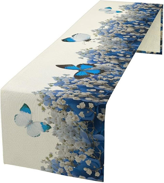 Butterfly Floral Table Runner, Blue White Hydrangea Flowers Bloom Spring Garden Theme Table Runner for Kitchen Dining Holiday Party Wedding, 13x90 Inch