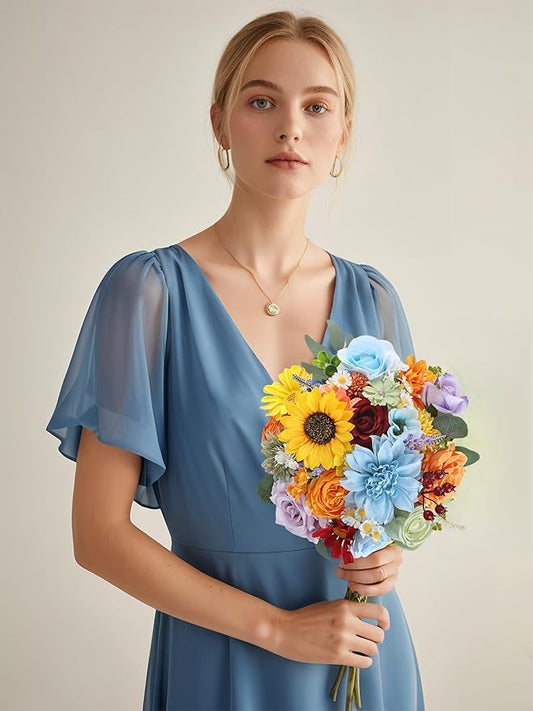 Multi Use Rainbow Colorful Artificial Flowers Combo, Fake Roses Silk Sunflower with Stems for DIY Bridal Wedding Bouquets Baby Shower Floral Arrangements Centerpiece Party Home Decorations (Rainbow2)