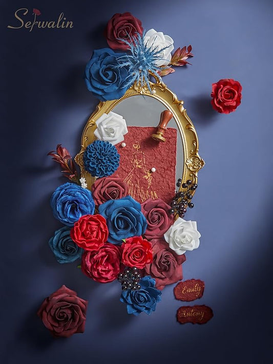 Serwalin Artificial Burgundy Flowers, Blue Fake Silk Flowers for DIY Wedding Bridal Bouquets, Cake Flowers for Table Centerpieces Baby Shower Birthday Party Home Decorations