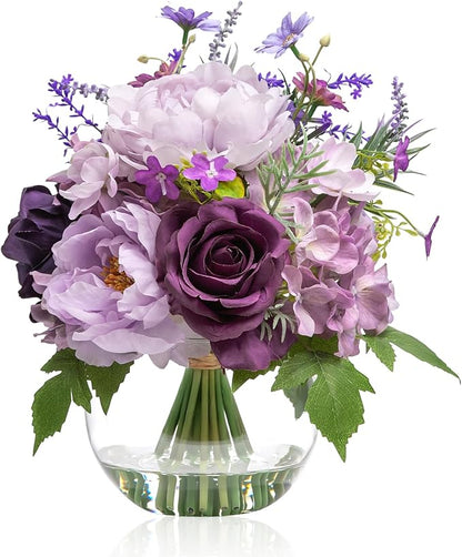 Artificial Flowers in Vase for Home Decor, Fake Lavender & Silk Peony Rose Bouquet Centerpieces in Glass Vase with Fake Water for Party Wedding Dinning Table Office Hotel Decor (Lavender Purple Mixed)