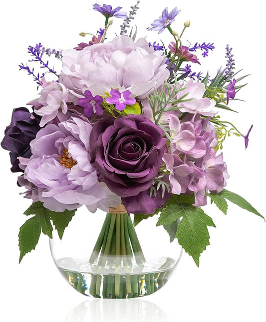 Artificial Flowers in Vase for Home Decor, Fake Lavender & Silk Peony Rose Bouquet Centerpieces in Glass Vase with Fake Water for Party Wedding Dinning Table Office Hotel Decor (Lavender Purple Mixed)