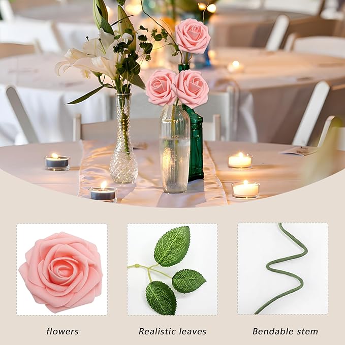 100PCS Artificial Flowers Pink Roses Real Looking Foam Fake Roses with Leaves and for DIY Wedding Bouquets Bridal Shower Centerpieces Party Decorations (Pink, 100)