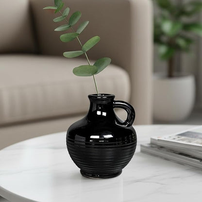 Sunddo Black Ceramic Vases Home Décor- 6 Inch Small Modern Decorative Vase with Handle, Black Decor, Table Mantle Fireplace Living Room Bathroom Wedding Centerpiece