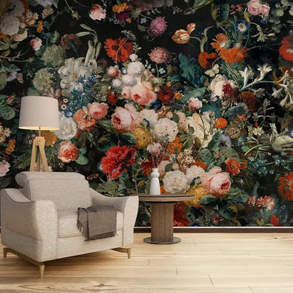 Zeeko Dark Floral Wallpaper Peel and Stick 177" W x 110" H Waterproof Canvas Fabric Vintage Moody Large Wall Mural Self Adhesive Removable Wall Paper for Bedroom Living Room Art Deco
