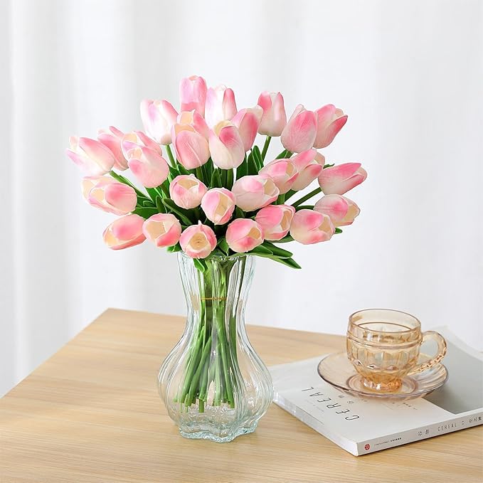SITUMEIZI 15pcs Fake Tulips Artificial Flowers Real Touch Pink 14" Silk Flower for Home Kitchen Decor Spring Easter Wedding Bouquet Decorations Office Valentine's Day Gifts(Light Pink)