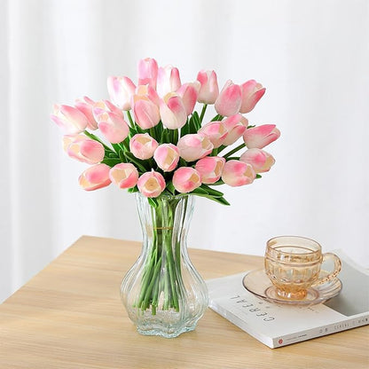 SITUMEIZI 15pcs Fake Tulips Artificial Flowers Real Touch Pink 14" Silk Flower for Home Kitchen Decor Spring Easter Wedding Bouquet Decorations Office Valentine's Day Gifts(Light Pink)