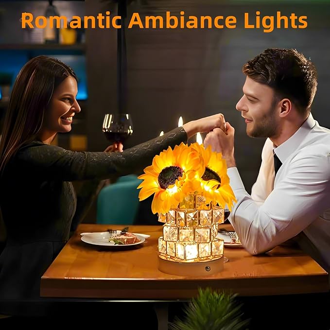 Sunflowers Flower Lamp,Rechargeable Cordless Touch Table Lamp for Bedroom,3-Colour Dimming Small Night Light,Crystal Bedside Lamps with USB Charge,Birthday Christmas Gifts for Women,Mom (Sunflowers)