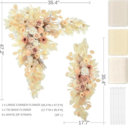 Wedding Arch Flowers Kit Pack of 5,2pcs Boho Artificial Floral Swag Arrangement and 3pcs Fabric Drap for Wedding Flower Arch Decor Ceremony Arbor Reception (Beige)