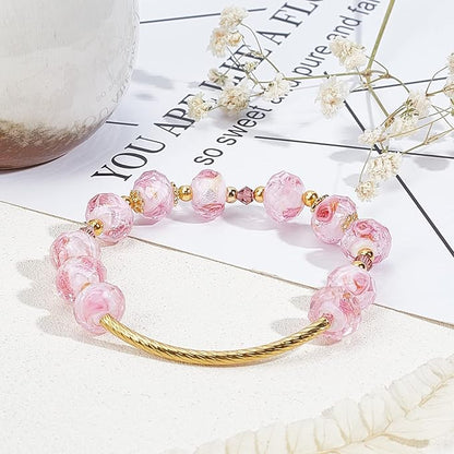 PH PandaHall 45pcs 11~12mm Pink Rose Lampwork Glass Beads Silver Foil Glass Flower Beads Floral Handmade Lampwork Bead with 1.6~2mm Hole Round Loose Bead for Rosary Making Jewelry Craft Making