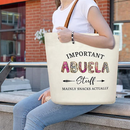 Canvas Tote Bag for Women, Important Stuff Bag with Leather Handle, Reusable Grocery Bags for Shopping Beach Travel