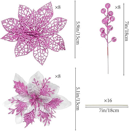 24Pcs Christmas Poinsettia Artificial Flowers and Glitter Berries Kit, 2 Styles Total 16Pcs Christmas Tree Flowers Ornaments, 8Pcs Christmas Tree Picks for Wedding Holiday Decorations, Pink