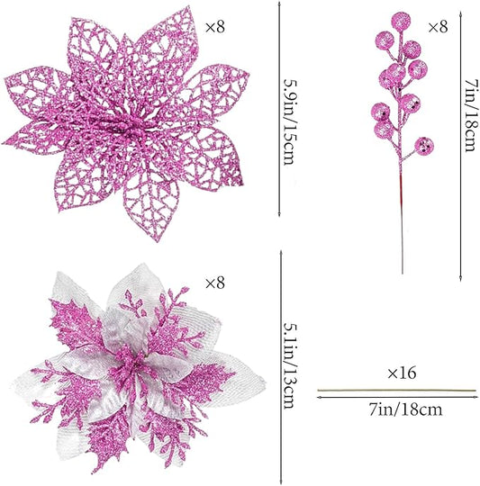 24Pcs Christmas Poinsettia Artificial Flowers and Glitter Berries Kit, 2 Styles Total 16Pcs Christmas Tree Flowers Ornaments, 8Pcs Christmas Tree Picks for Wedding Holiday Decorations, Pink