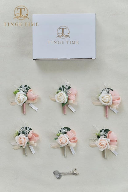 TINGE TIME Boutonniere for Men Wedding,Groom and Best Man Boutonniere for Wedding Ceremony Anniversary, Formal Dinner Party and Rustic Spring Wedding Marriage (6, Champange&Pink)