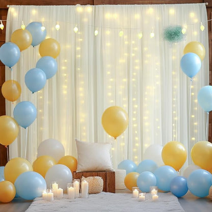 30x10ft Ivory Tulle Backdrop Curtain with Lights String for Parites, Sheer Backdrop Curtains for Wedding Baby Shower Birthday Party Photo Shoot Decorations