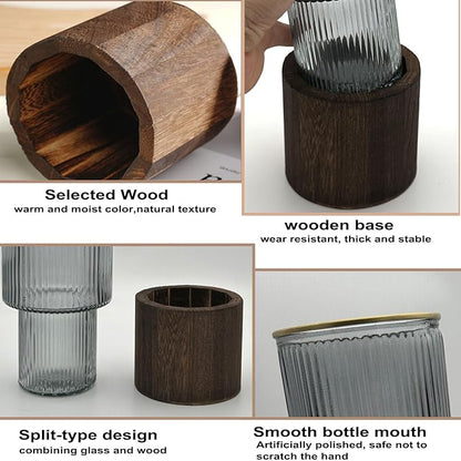 10 Inch Large Artistic Wood Base Glass Cylinder Flower Vase, Ins Modern Boho Water Stripe Style for Home Kitchen Fireplace Office Desks, Houses, Garden Decorations