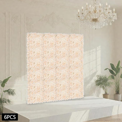 3D Artificial Flower Wall Panels 6 Pack 23.62'' x 15.74'' Silk & Plastic Flower Backdrop, Handmade with Champagne Roses/Hydrangeas/Dahlias, Decor for Wedding Party Home Garden Wall Decorations