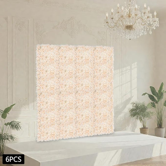 3D Artificial Flower Wall Panels 6 Pack 23.62'' x 15.74'' Silk & Plastic Flower Backdrop, Handmade with Champagne Roses/Hydrangeas/Dahlias, Decor for Wedding Party Home Garden Wall Decorations